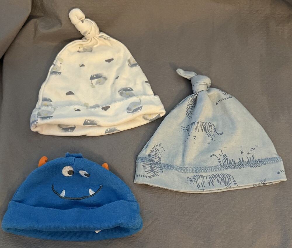 Lot/3 Carter’s, Luxe Threads Baby Boys Beanie Caps Hats—Monster, Tiger, Elephant